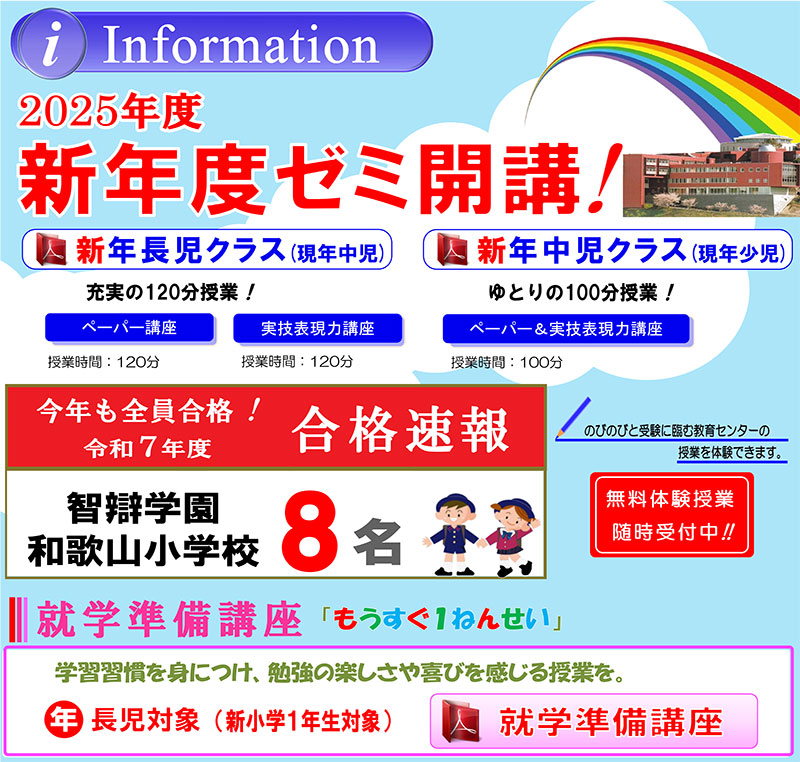 2025年度（令和7年度）新年度ゼミ開講 智辯学園和歌山小学校 受験合格への道 プロが導く本物の指導 2025年度（令和7年度）も智辯学園和歌山小学校8名全員合格！合格率100パーセントを支える信頼の指導